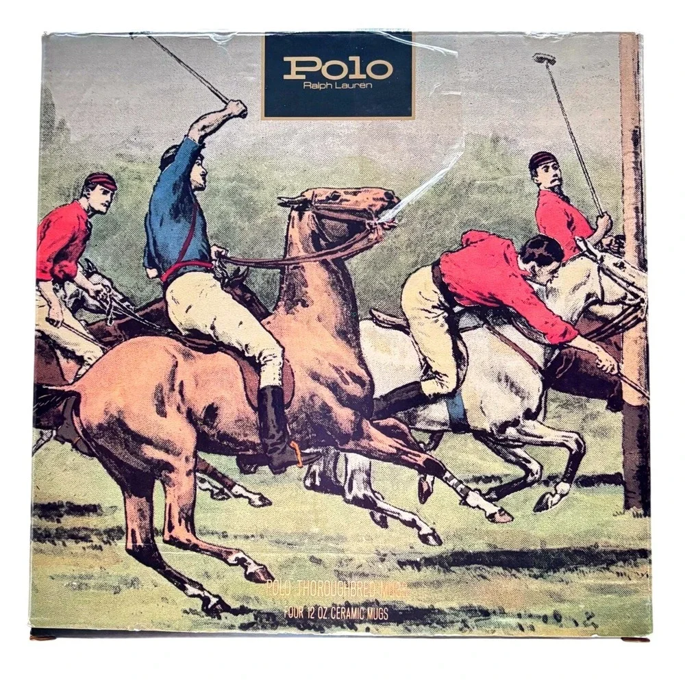 Vintage 1978 Polo Ralph Lauren Thoroughbred Mugs Set of 4 Equestrian 12 Oz Box